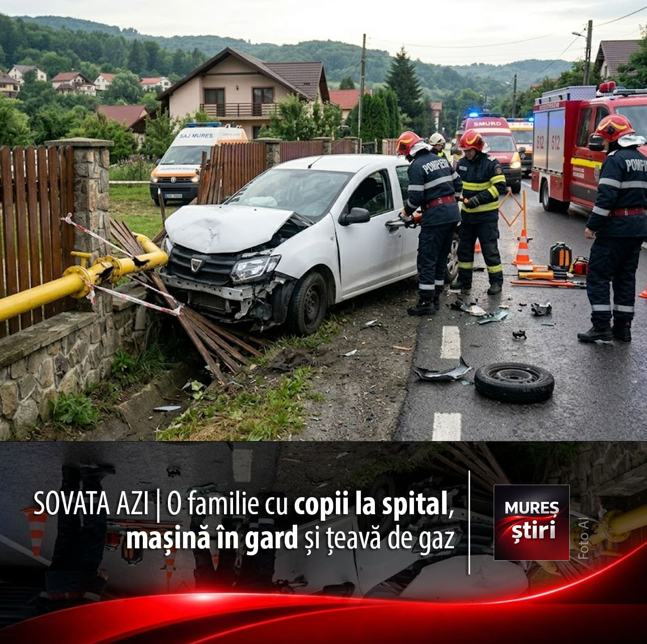 astazi-in-sovata-|-o-masina-a-intrat-intr-un-gard-si-a-avariat-o-conducta-de-gaz!-patru-persoane,-printre-care-doi-copii,-au-ajuns-la-spital