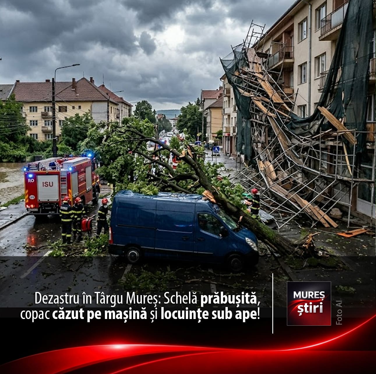 dezastru-in-targu-mures-dupa-ploaie:-schela-prabusita,-copac-cazut-peste-masina-si-locuinte-sub-ape!
