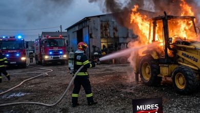 incendiu-in-targu-mures:-un-buldoexcavator-a-luat-foc-in-curtea-unei-societati-comerciale-de-pe-strada-baneasa