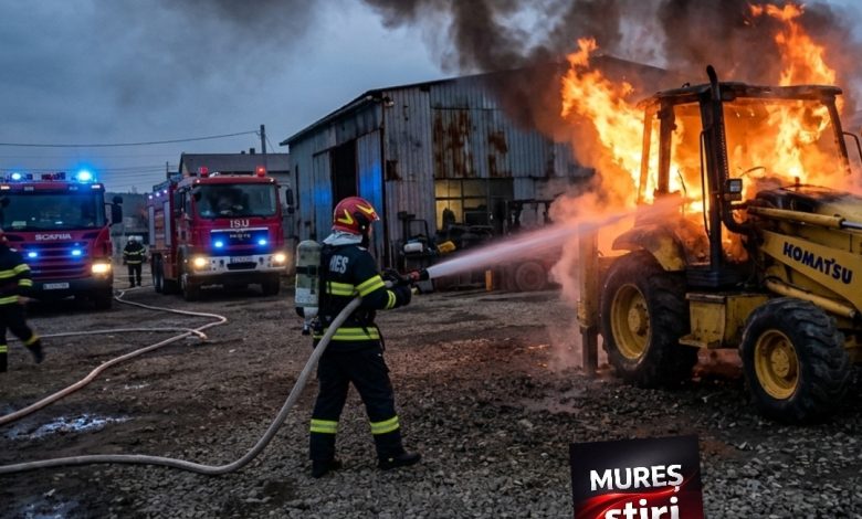incendiu-in-targu-mures:-un-buldoexcavator-a-luat-foc-in-curtea-unei-societati-comerciale-de-pe-strada-baneasa