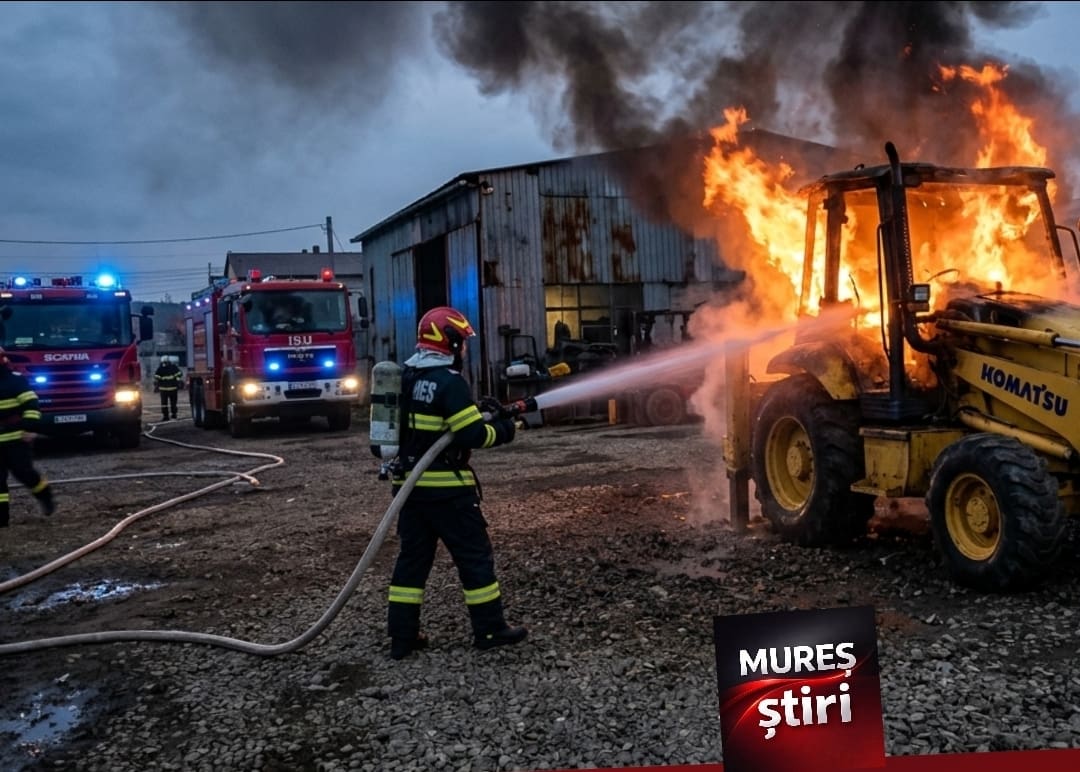 incendiu-in-targu-mures:-un-buldoexcavator-a-luat-foc-in-curtea-unei-societati-comerciale-de-pe-strada-baneasa