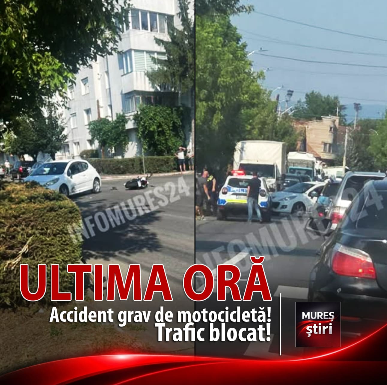 trafic-blocat-la-iesirea-din-reghin-spre-ideci:-accident-rutier-in-care-a-fost-implicat-un-motociclist-si-un-autoturism!
