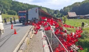trafic-blocat-la-intrarea-in-municipiul-sighisoara,-dinspre-targu-mures,-dupa-ce-un-autocamion-s-a-rasturnat-pe-sosea