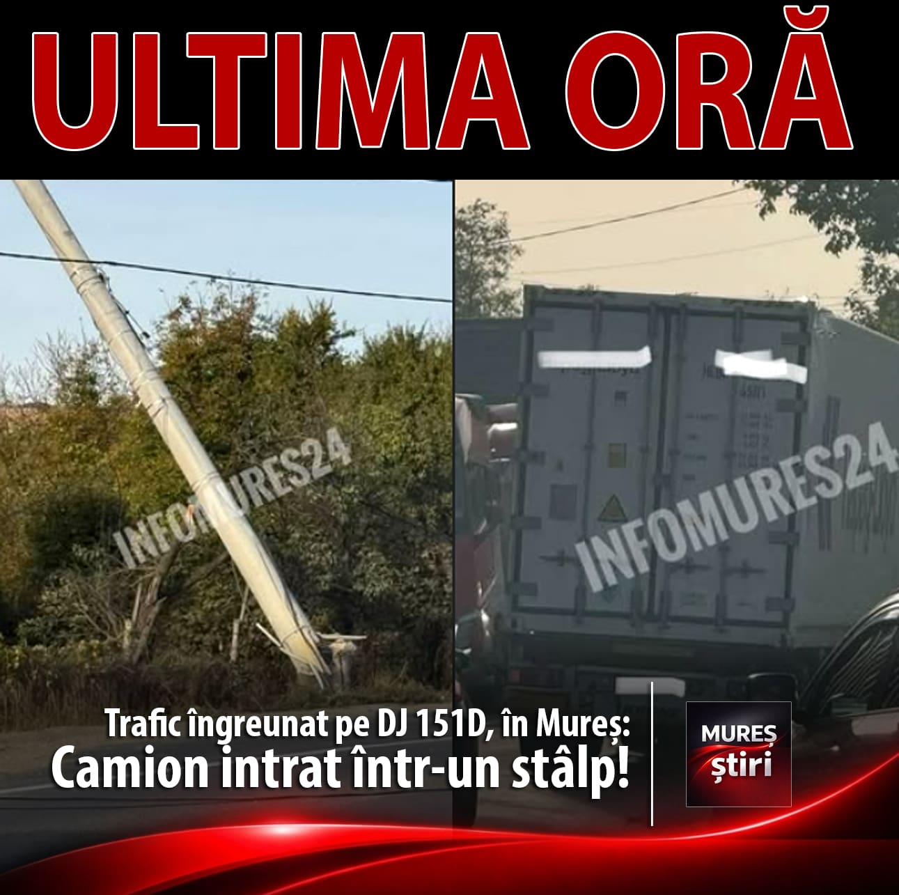 trafic-ingreunat-pe-dj-151d,-in-mures:-camion-intrat-intr-un-stalp-de-electricitate-la-stejeris!