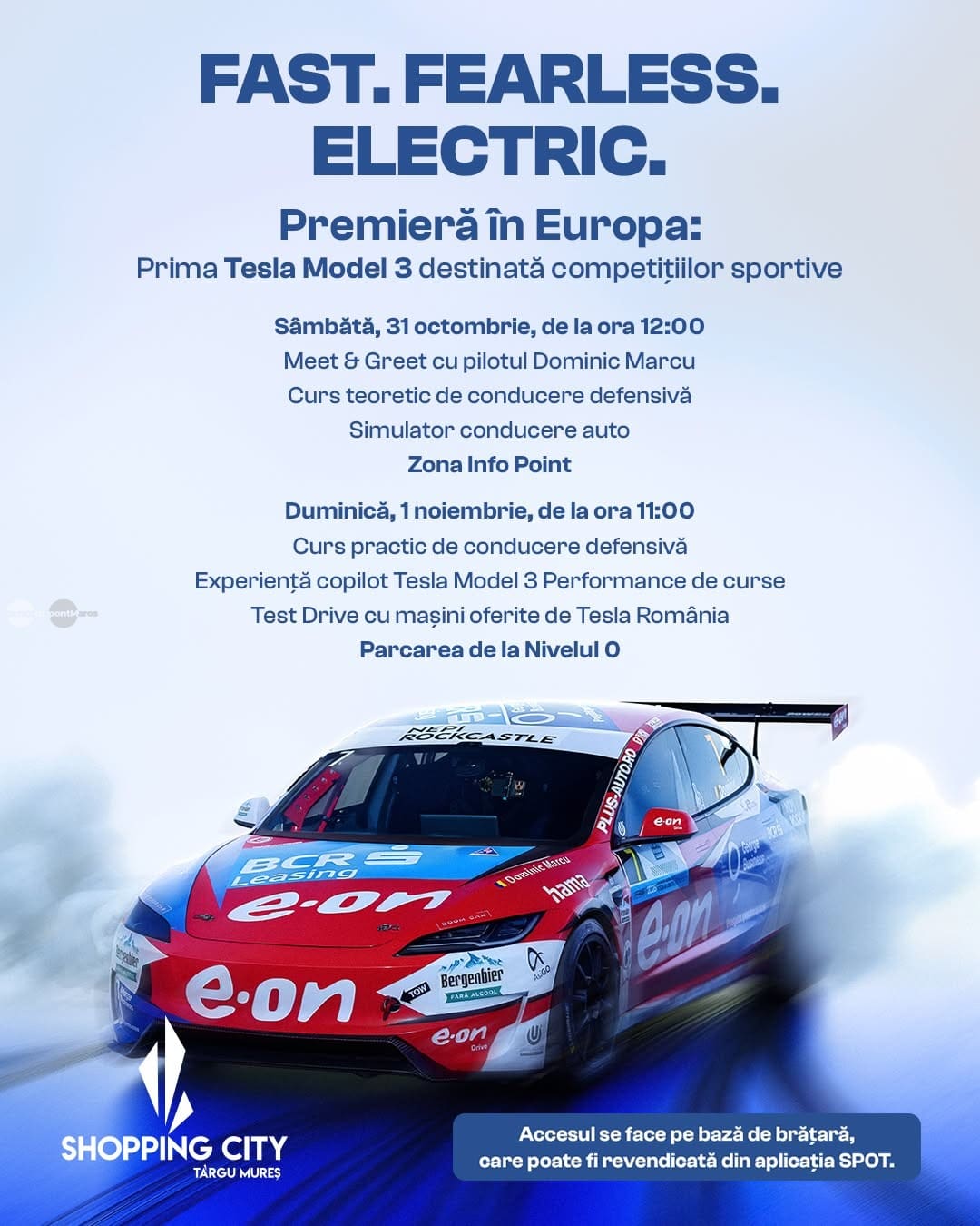 tesla-model-3-performance-ajunge-la-shopping-city-targu-mures.-experiente-la-volan-si-sesiuni-de-conducere-defensiva