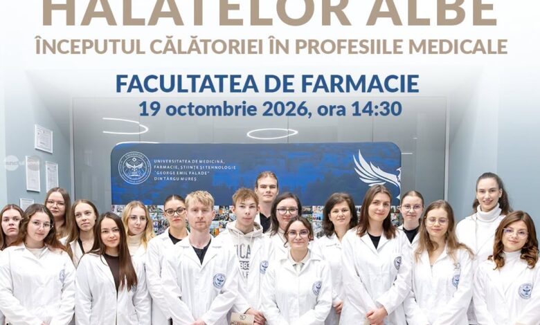 ceremonia-halatelor-albe-la-umfst-targu-mures,-pentru-studentii-facultatii-de-farmacie